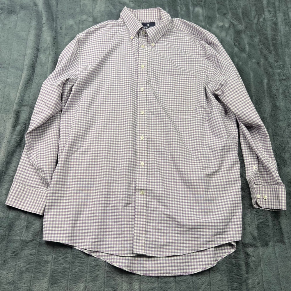 Stafford Travel Wrinkle Free Oxford Shirt Mens 17.5 34-35 Purple Check LS